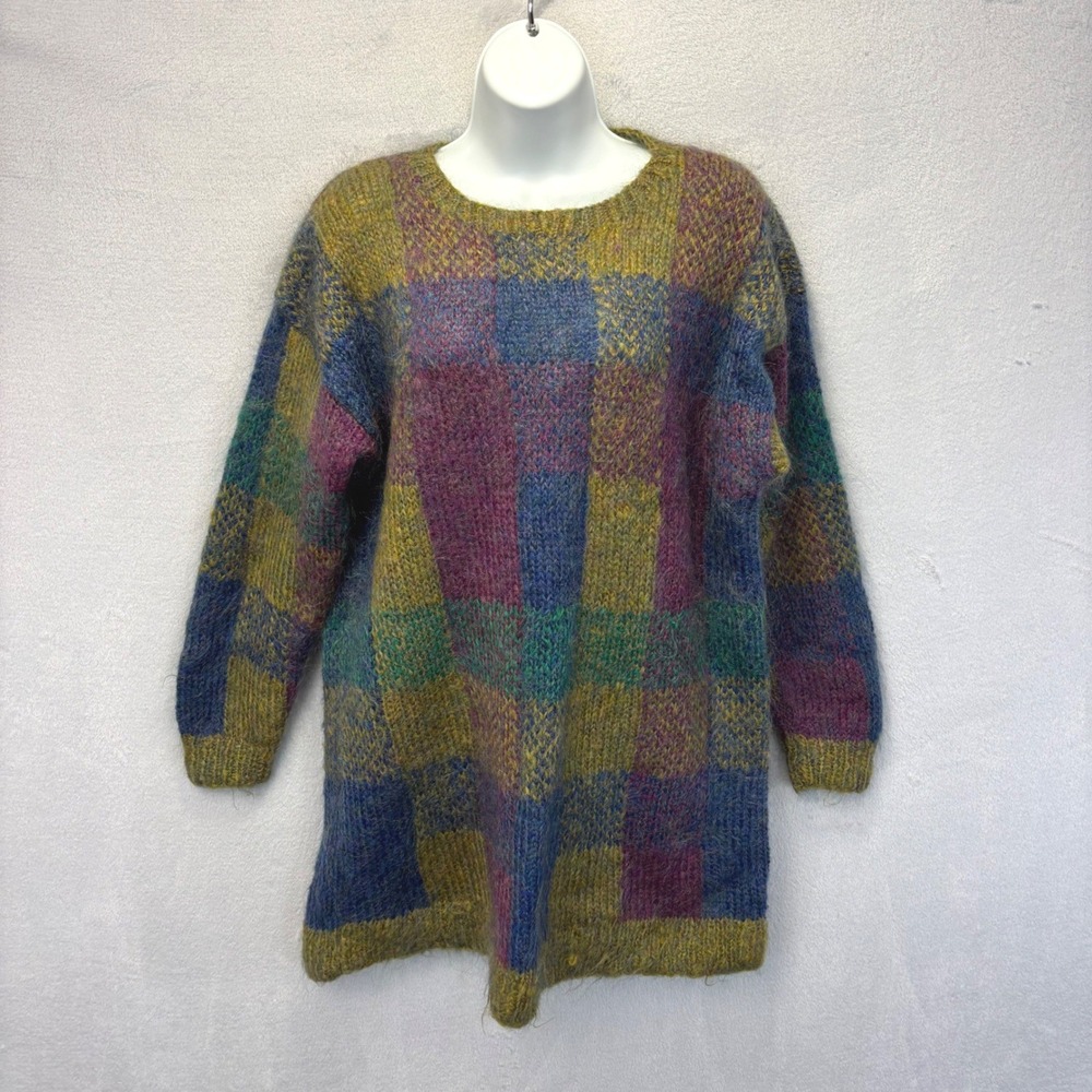 Ralsey Oversized Mohair Blend Tunic Sweater Women Medium Multicolor Plaid Fuzzy